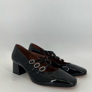 Reformation Mimi Rhinestone Buckle Straps Pump In Black Patent